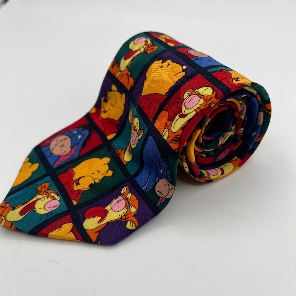 Disney Winnie the Pooh Tigger Eeyore Vintage Men Tie Multi Color Grid Character